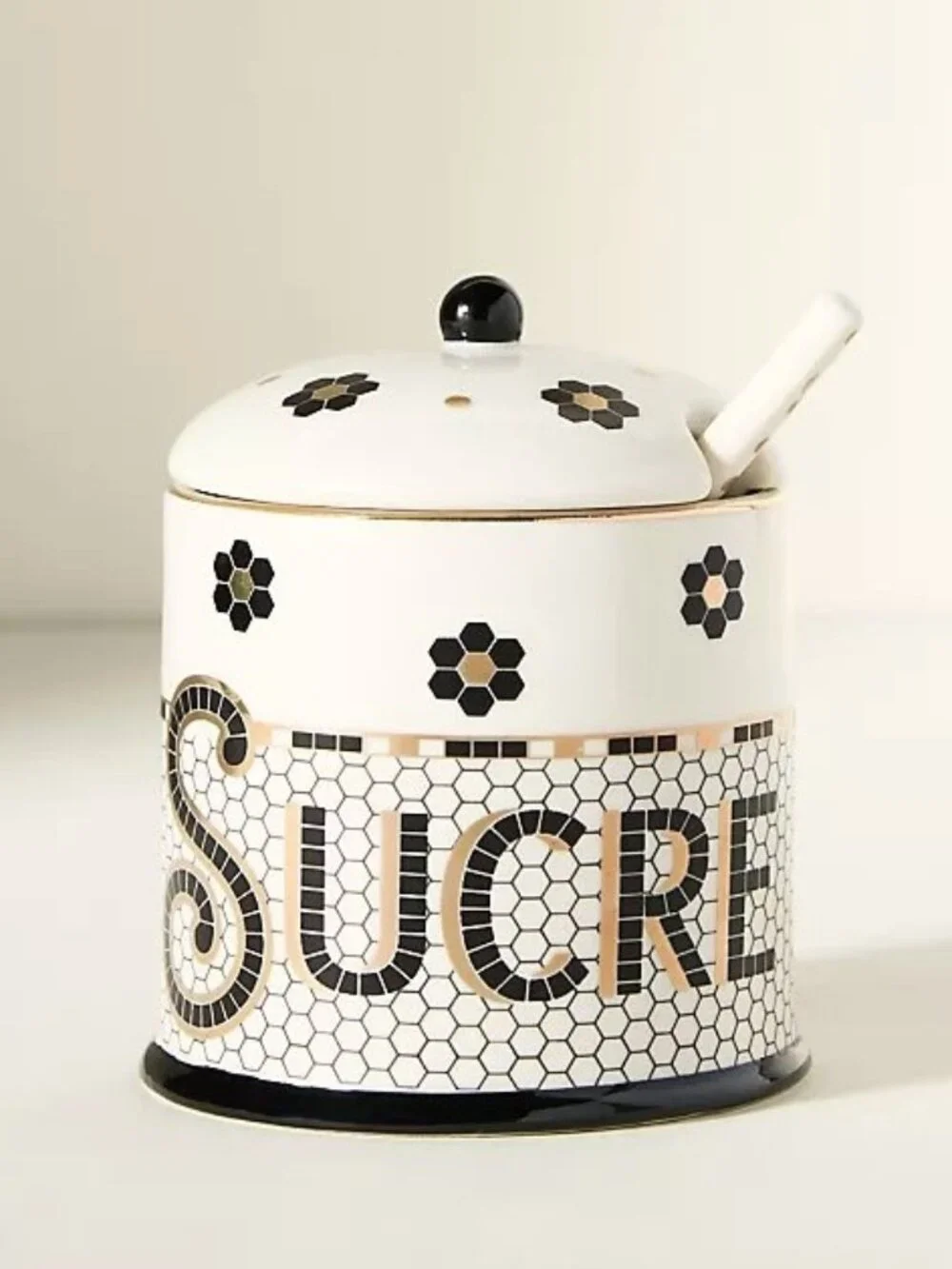 Anthropologie Bistro Tile Decaled Stoneware Sugar Bowl Pot 3 Pcs Set Mosaic New